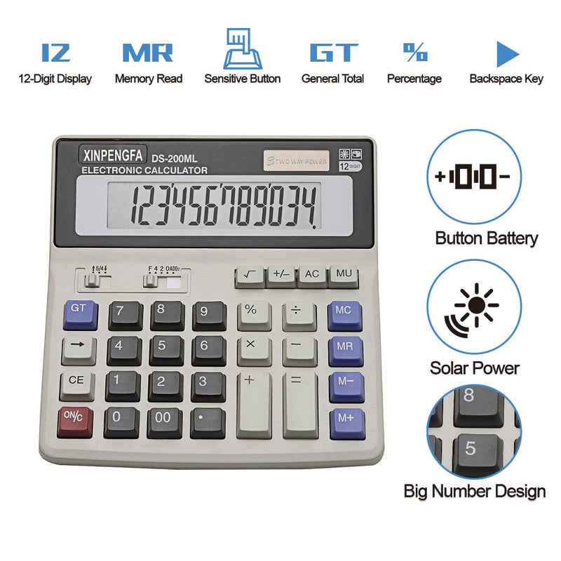 XINPENGFA Desktop Office Calculator 12 Digit Display and Big Button, Basic Business Calculator 1PACK Light grey