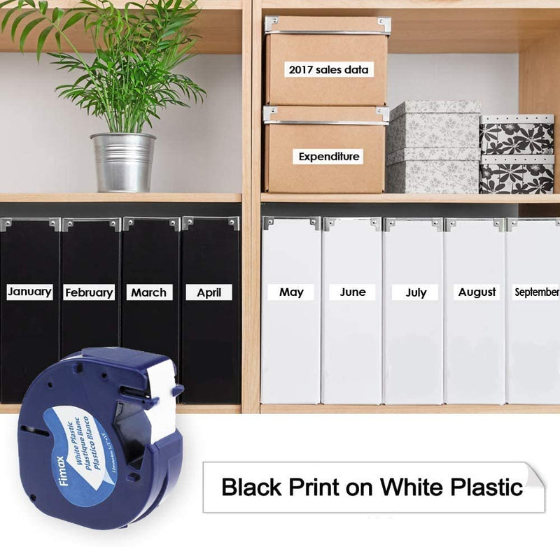 Fimax Label Replacement for DYMO LetraTag Refills 91331 (S0721660) White Plastic Label Tape 12mm x 4m(1/2" x 13') for Dymo Letratag LT-100H LT-100T QX50 (Black on White, 5 Pack)