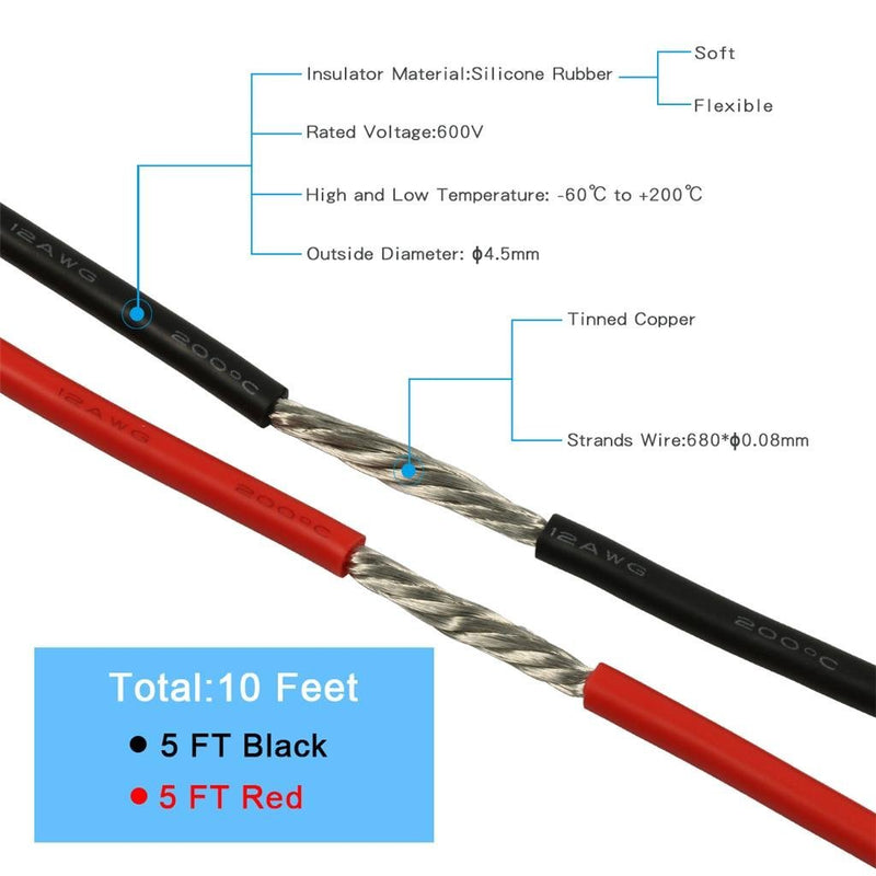 BNTECHGO 12 Gauge Silicone Wire 5 ft red and 5 ft Black Flexible 12 AWG Stranded Copper Wire 12 silicone wire red 5ft and black 5ft silicone wire red and black