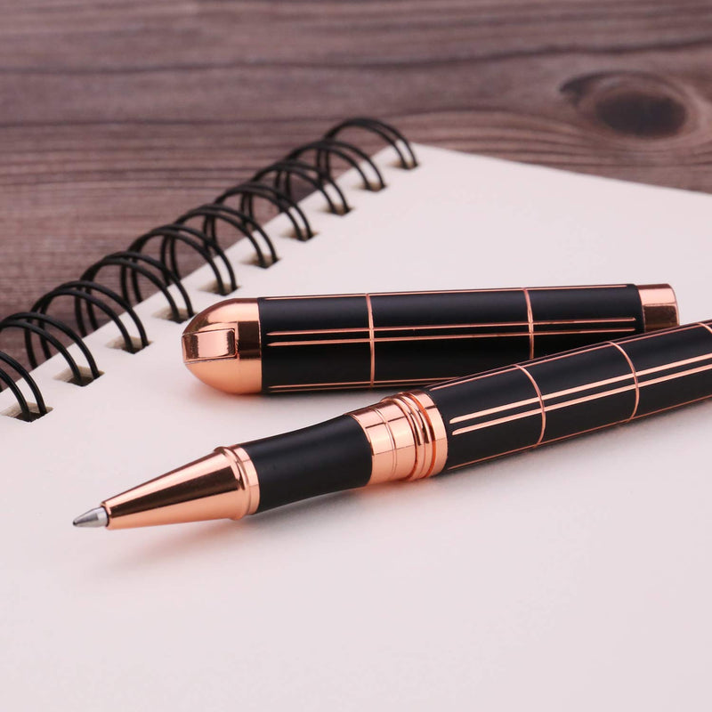 Rose Gold Gel Ink Rollerball Pen - Geometric Stripe Style Copper Grip Metal Pens in Adorable Box with 1 Extra Refill (Black Ink, 0.7mm Fine Point)