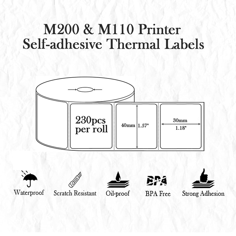 Memoking M200 Printer Label Paper, 1.57" x 1.18" (40x30mm) Self-adhesive Thermal Label Paper Compatible with Phomemo M200, M110, M120 Label Maker, 230 Labels/Roll, 3 Rolls 40mm*30mm