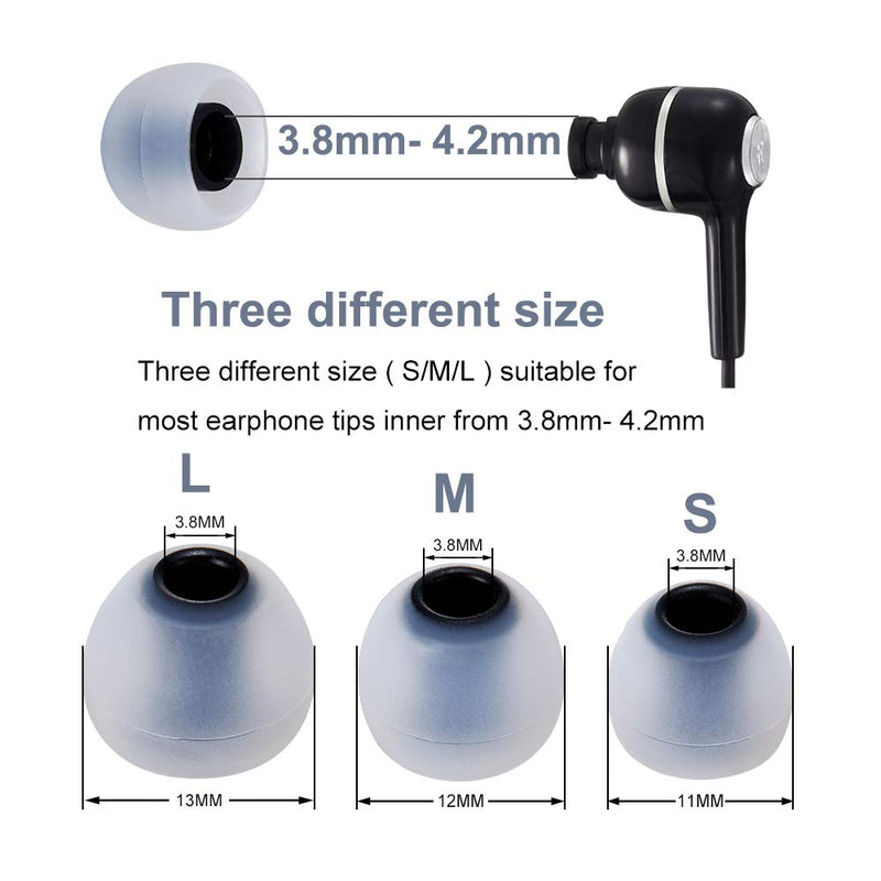 Earbud Tips Soft Silicone Earbuds Replacement Tips Fit for in-Ear Headphones(Inner Hole from 3.8mm - 4.0mm Earphones) 9 Pairs S/M/L,Gray/Black Small/Medium/Large Transparent Black