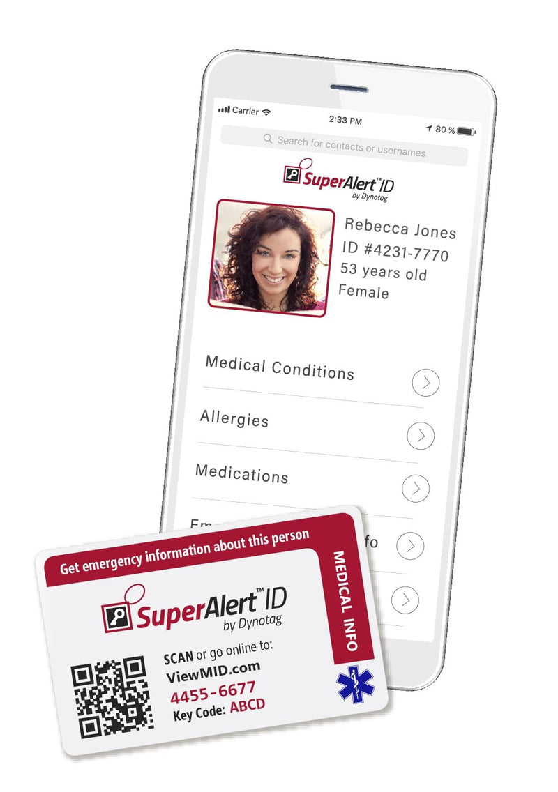 Dynotag SuperAlert™ Smart Medical ID with Detailed Online Profile; Wallet and Keychain Card kit with Lifetime Subscription