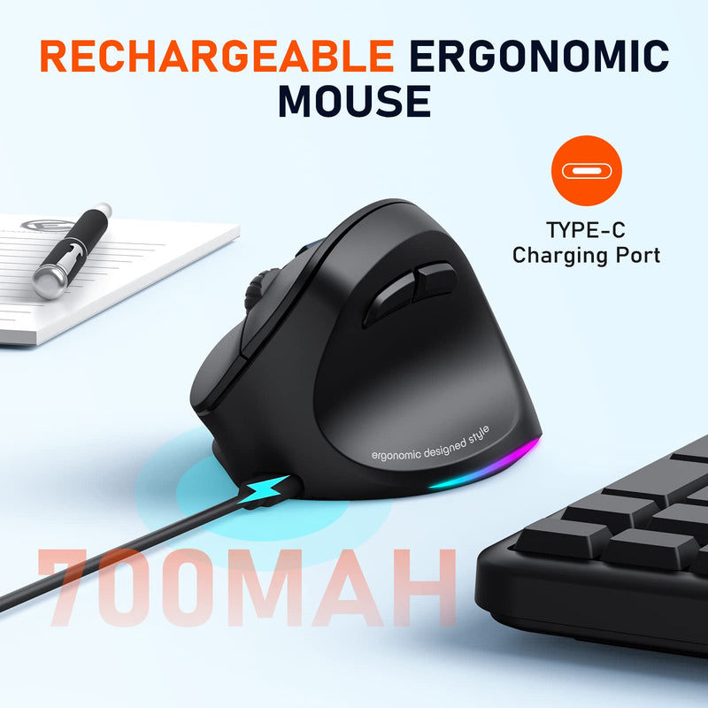 MEETION Ergonomic Mouse, Wireless Vertical Mouse RGB Backlit Rechargeable Mice for Bluetooth(5.2 + 3.0) & USB-A with USB-C Adapter 4 Adjustable DPI Compatible Mac/Windows/Andriod/PC/Tablet/iPad Black Medium-Large Right-Handed