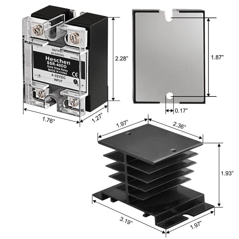 Heschen Single Phase DC/DC Solid State Relay SSR-40DD Input 4-32VDC Output 24-220VDC 40A 50-60Hz with Heatsink