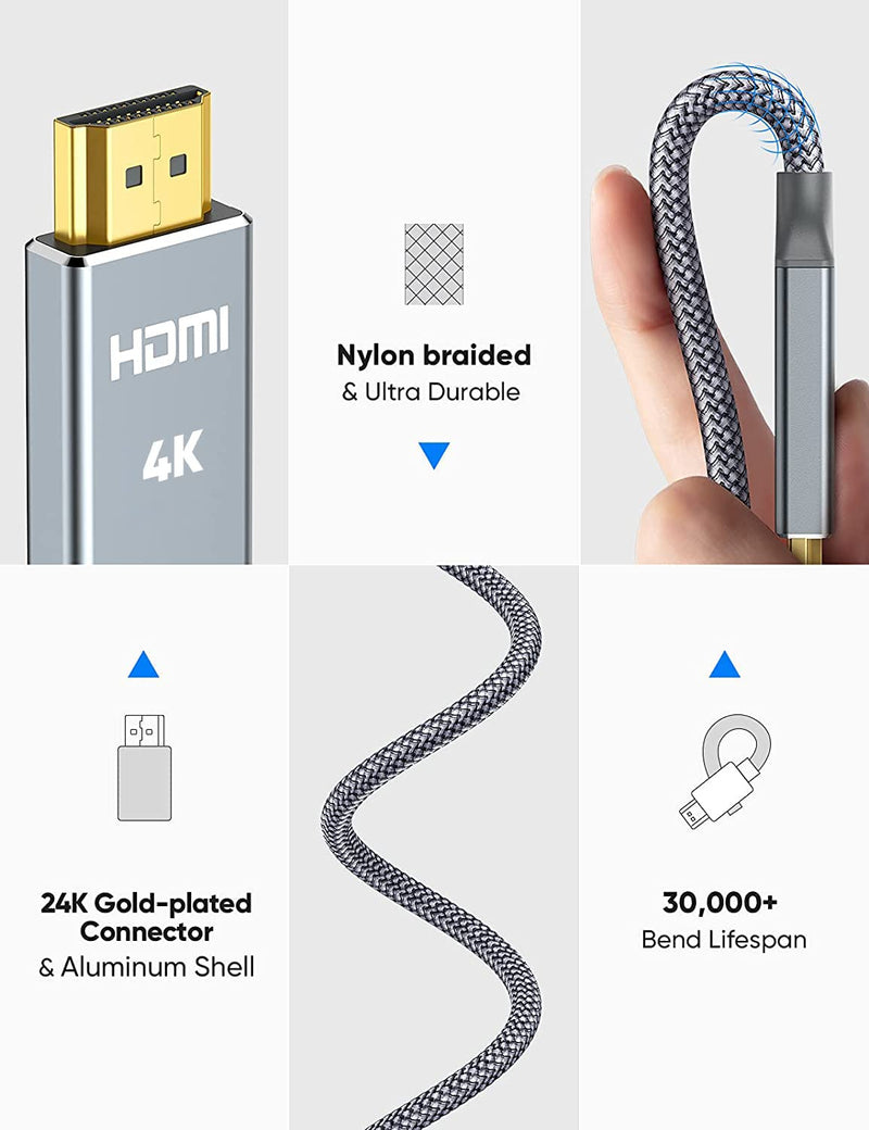 4K HDMI Cable 6.6 ft,Capshi High Speed 18Gbps HDMI Cable,4K, 3D, 2160P, 1080P, Ethernet - 28AWG Braided HDMI Cord - Audio Return(ARC) Compatible UHD TV, Blu-ray, PS4, PS3, PC 6.6 feet Grey