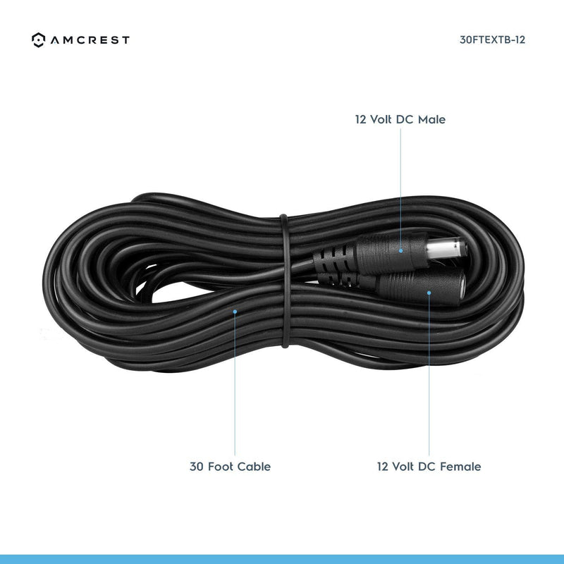 Amcrest Universal 12V DC Power Extension Cable (30ft) for Power Supply/Adapter/Outdoor Security Cameras, Compatible with All CCTV/IP Camera Brands, 5.5mm DC Plug, 30 Feet, Black (30FTEXTB-12V) 30FT Extension