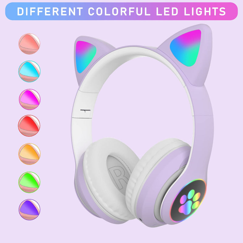 Kids Headphones, TOKANI Bluetooth Wireless Headphones for Kids Teens Adults, Over-Ear Bluetooth Headphones with Microphone, Cat Ear Headphones for Girls Women (Purple)