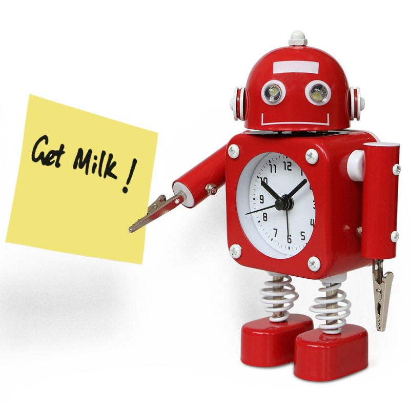 Betus Non-Ticking Robot Alarm Clock Stainless Metal - Wake-up Clock with Flashing Eye Lights and Hand Clip (Ruby Red) Ruby Red