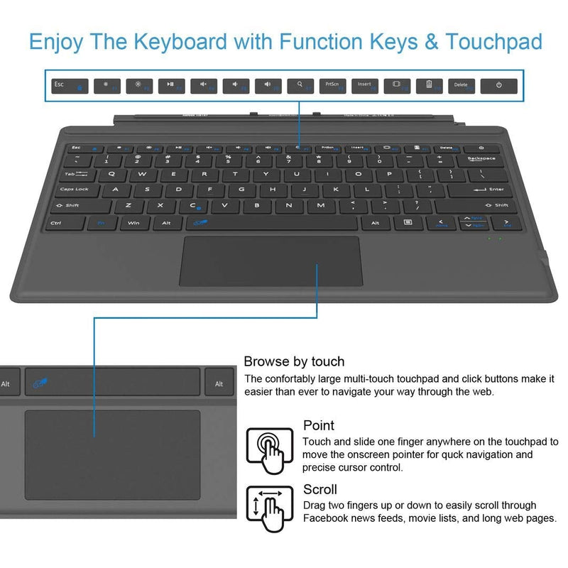 Arteck Microsoft Surface Pro Type Cover, Ultra-Slim Portable Bluetooth Wireless Keyboard with Touchpad Built-in Rechargeable Battery