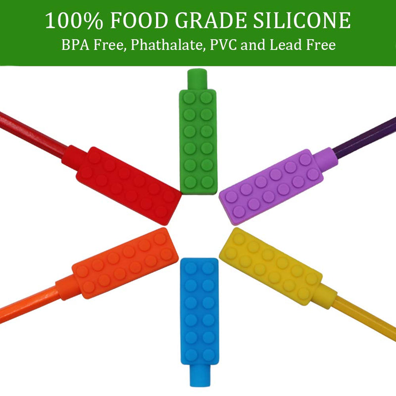 Chewable Pencil Toppers for Sensory Kids Boys and Girls (6 Pack), Silicone Rainbow Pencil Chew Toppers for Chewers with Special Oral Motor Needs, Chewing Brick Pencil Toppers for Children