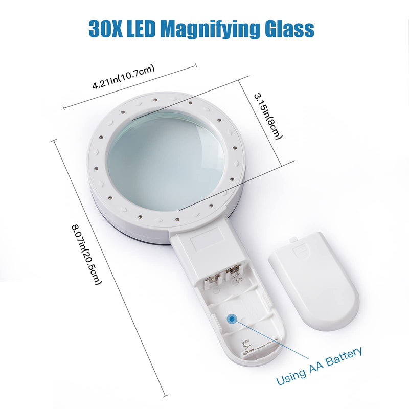Magnifying Glass with Light, 30X Handheld Magnifying Glass, 12 LED Illuminated Lighted Magnifier for Low Vision Seniors Reading, Macular Degeneration, Soldering, Inspection, Coins, Jewelry, Exploring