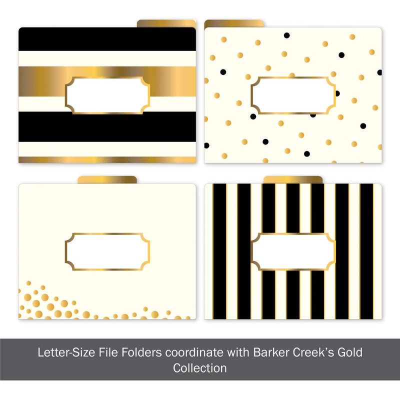 Barker Creek Designer File Folders Set of 12, Gold, Multi-Design Set with Gold Designs on Outside, Gold Tabs and Cream on Inside, Letter-Size File Folders, 1/3 Cut Tabs, Pack of 12 (1337)