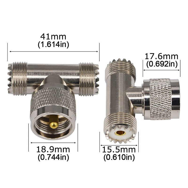 BOOBRIE 2-Pack UHF Male PL-259 to Dual UHF Female SO-239 Adapter UHF T Shape Triple Connector RF Coaxial Splitter for CB Ham Radio/Antenna/Broadcast/Scanner/WiFi