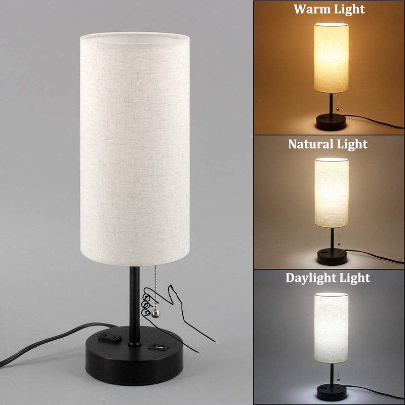 USB Bedside Table Lamp, 2700K 4000k 5000K Nightstand Lamp with Pull Chain, Bedside Lamp with USB Port & AC Outlet, Table Lamps for Bedrooms Living Room, Bulb Included, Fabric Linen Lamp Shade, 1PK Black