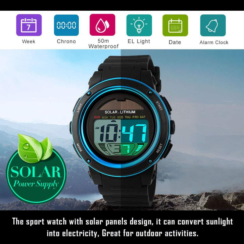 Solar Energy Watch for Kids, TOOCAT Digital Sport Watch Outdoor 50M Waterproof Stopwatch Military Electrical Wrist Watch for Boy Girl Children