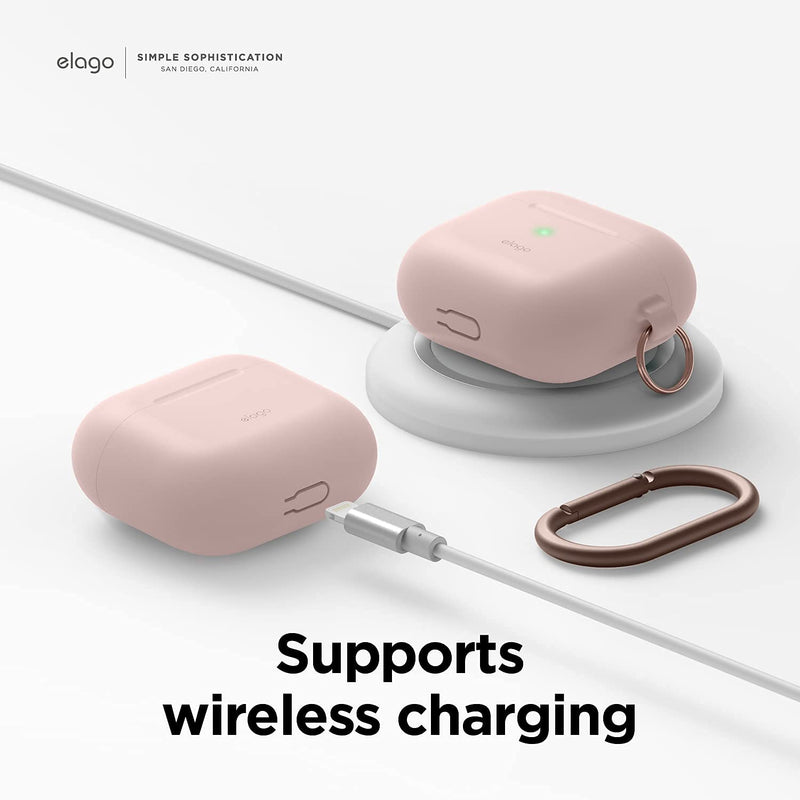 elago Silicone Case Compatible with AirPods 3 Case Cover - Compatible with AirPods 3rd Generation, Carabiner Included, Supports Wireless Charging, Shock Resistant, Full Protection (Sand Pink) Sand Pink