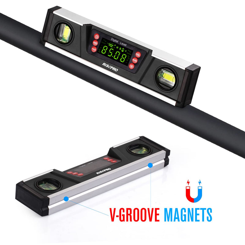 Digital Magnetic Spirit Level and Protractor - RISEPRO 10" IP54 Protected Electronic Bubble Inclinometer, Angle Finder, Gauge with Large VA Display and V-Groove Base DL135-B Black