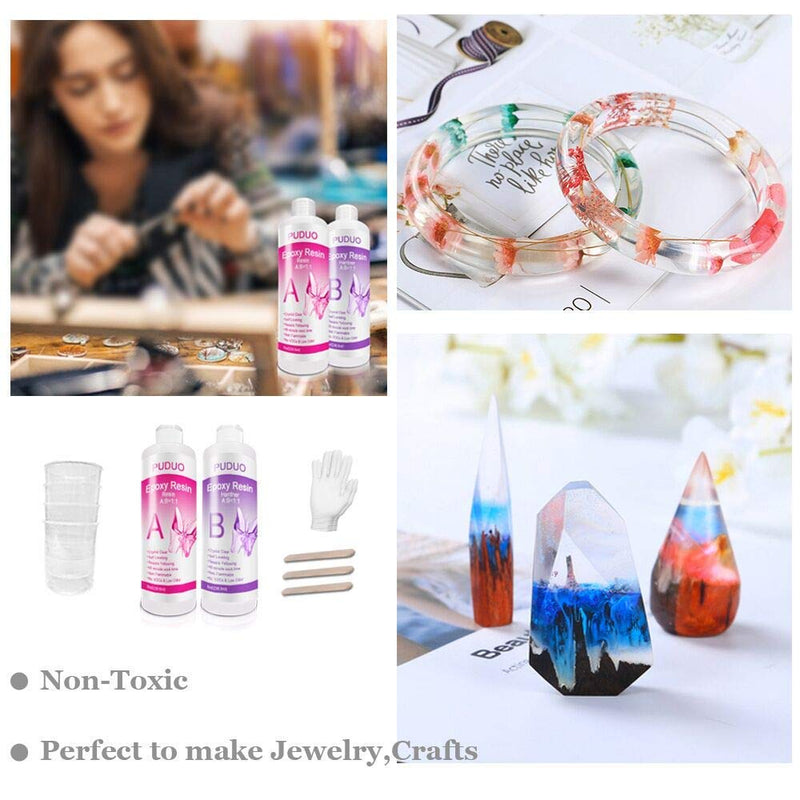 Epoxy-Resin-Crystal-Clear-Kit for Art, Jewelry, Craftsï¼ŒCoating- 16 OZ Including 8OZ Resin and 8OZ Hardener | Bonus 4 pcs Measuring Cups, 3pcs Sticks, 1 Pair Rubber Gloves by PUDUO