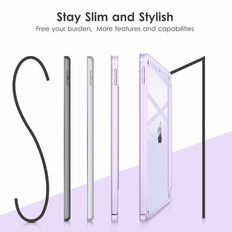 DTTOCASE Case for iPad 9th / 8th / 7th Generation 10.2 inch (2021/2020/2019 Released), Clear Back, TPU Shockproof Frame Cover[Built-in Pencil Holder,Support Auto Sleep/Wake] for ipad 10.2-Light Purple Light Purple