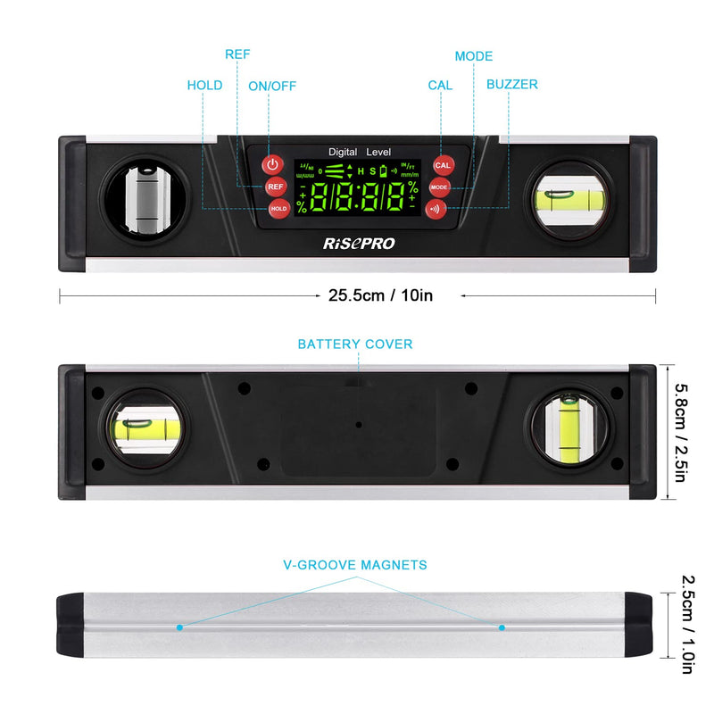 Digital Magnetic Spirit Level and Protractor - RISEPRO 10" IP54 Protected Electronic Bubble Inclinometer, Angle Finder, Gauge with Large VA Display and V-Groove Base DL135-B Black