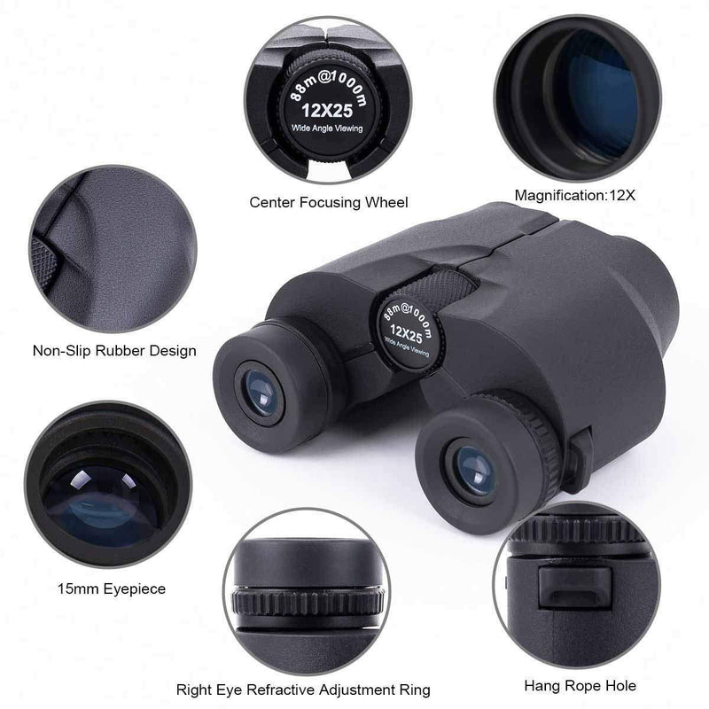 12 x 25 Binoculars for Adults Kids, Compact Mini Small Portability Binoculars for Bird Watching Hunting Travel Outdoor Sightseeing