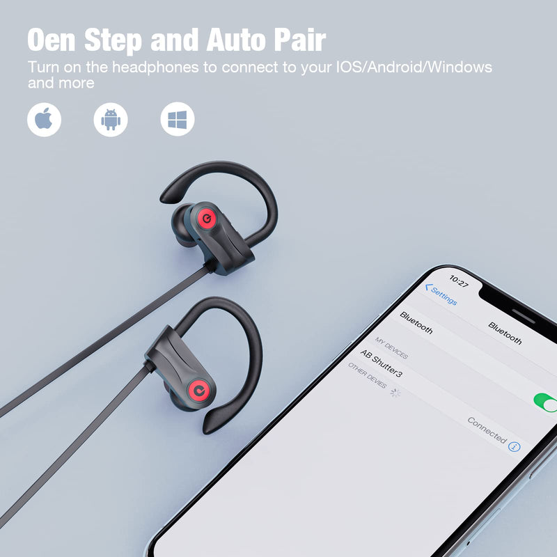 Bluetooth Headphones, Running Wireless Earbuds with 10 Hours Playtime, HD Deep Bass Stereo IPX7 Waterproof Earphones for Workout and Sports, Bluetooth 5.1 CVC 6.0 Noise Cancelling Headsets Black