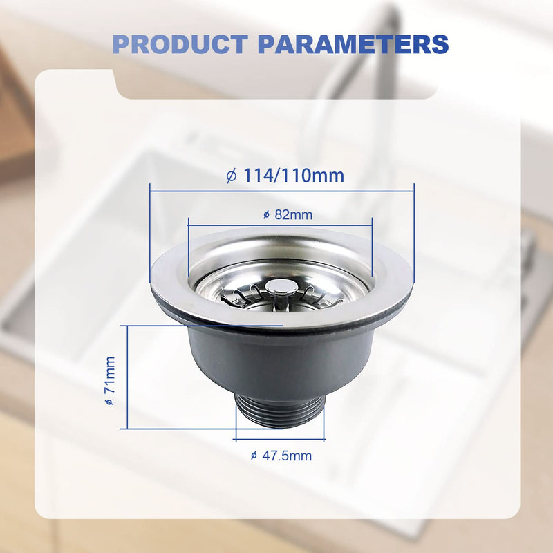 VIKSAUN Sink Collection 304 Stainless Steel Kitchen Strainer Basket Valve Sink Basket Strainer Plug Kitchen Sink Strainer (114mm) 114mm