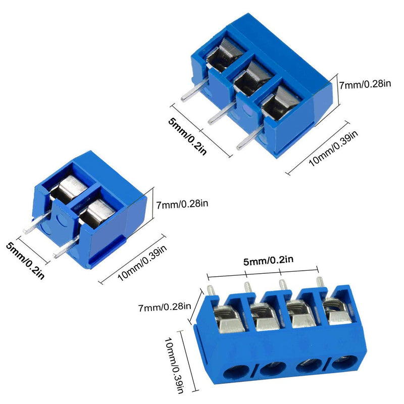 Greluma 100pcs 5mm Pitch 2 Pin&3 Pin&4 Pin PCB Screw Terminal Block 300V 16A,Blue(85x2 Pin,10x3 Pin,5x4 Pin) 100 2/3/4 Pin