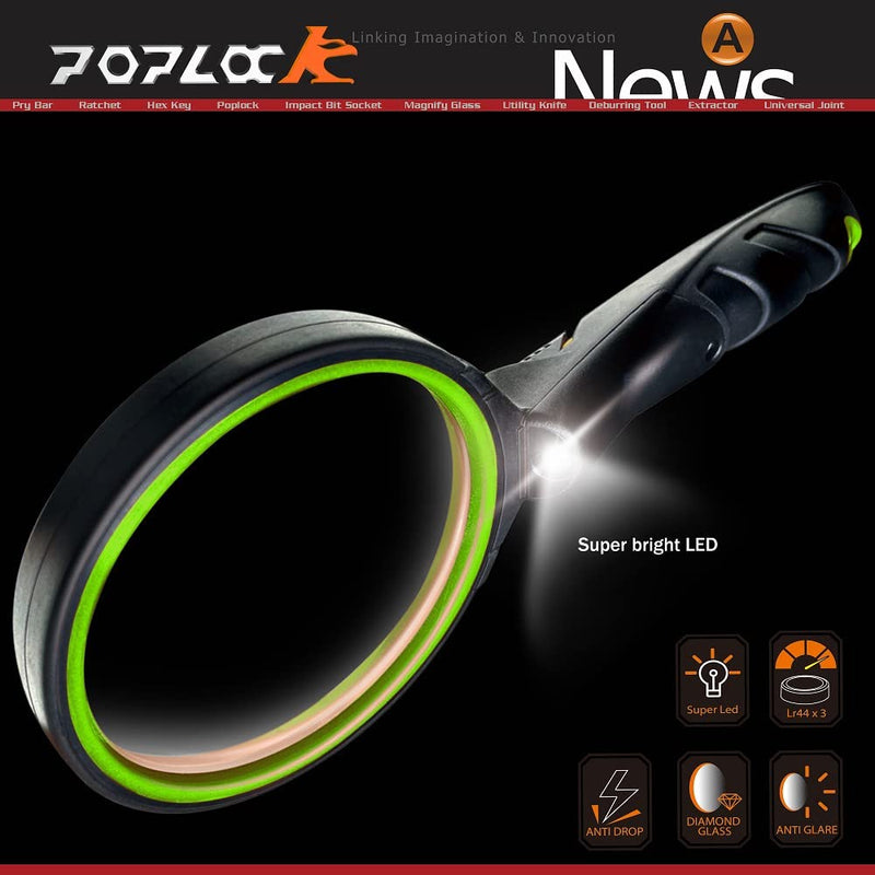POPLOCK Magnifying Glass with Light, Anti-Drop Rubber Frame Protection, Non-Distorting 3X Optical Lens, LED Work Light for Dark Area, Soft Grip Handle. EDC Magnifier for Reading, Close Work and Hobby Neon Green