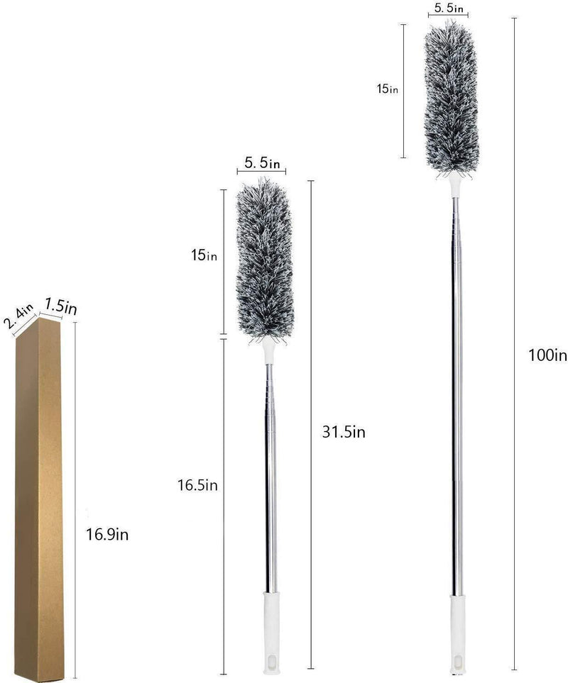 Microfiber Duster with Extension Pole(Stainless Steel) 30 to 100'', with Bendable Head, Extendable Long Duster for Cleaning Ceiling Fan, High Ceiling, Keyboard, Furniture Cars