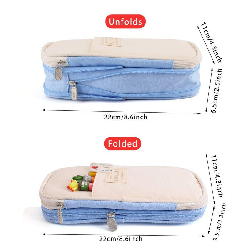 iSuperb Foldable Pencil Case Zipper Big Capacity Canvas Pencil Pouch Stationery Organizers Pen Bag Compartments Cosmetic Makeup Bags for Women Blue+Beige