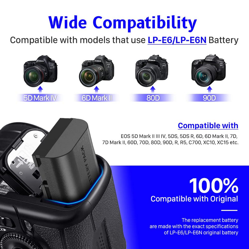 KOOAQQ LP-E6 / LP E6N Camera Battery Rechargeable 7.4V 2600mAh High Capacity Battery for EOS 5D Mark II III IV, 5DS, 5DS R, 6D, 6D Mark II, 7D, 7D Mark II, 60D, 70D, 80D, 90D, R, R5 and More-1 Pack 1 Pack battery