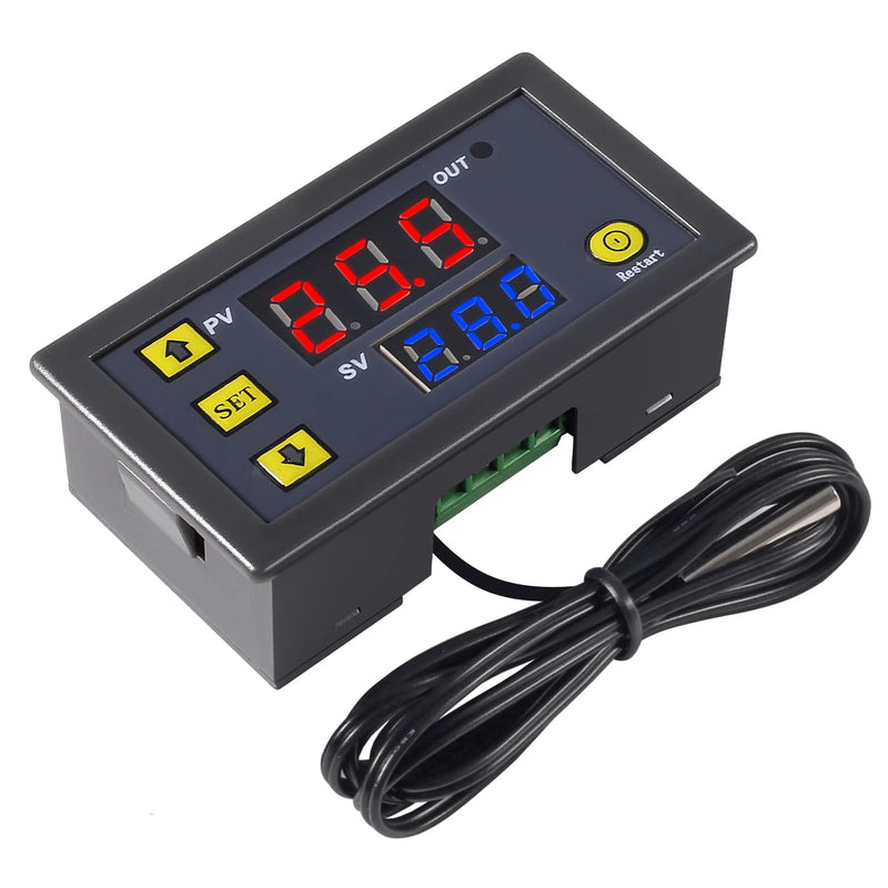 AITRIP 2 pieces W3230 LCD digital thermostat DC 24V 20A temperature controller meter regulator control switch -50-110 degrees Celsius with temperature probe high temperature alarm