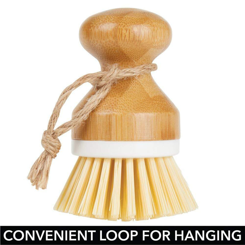 mDesign Bamboo Round Mini Palm Scrub Brush, Stiff Bristles - Wet Cleaning Scrubber - Wash Dishes, Pots, Pans, Vegetables - for Kitchen Sink, Bathroom, Household Cleaning - 2 Pack - White/Natural Wood