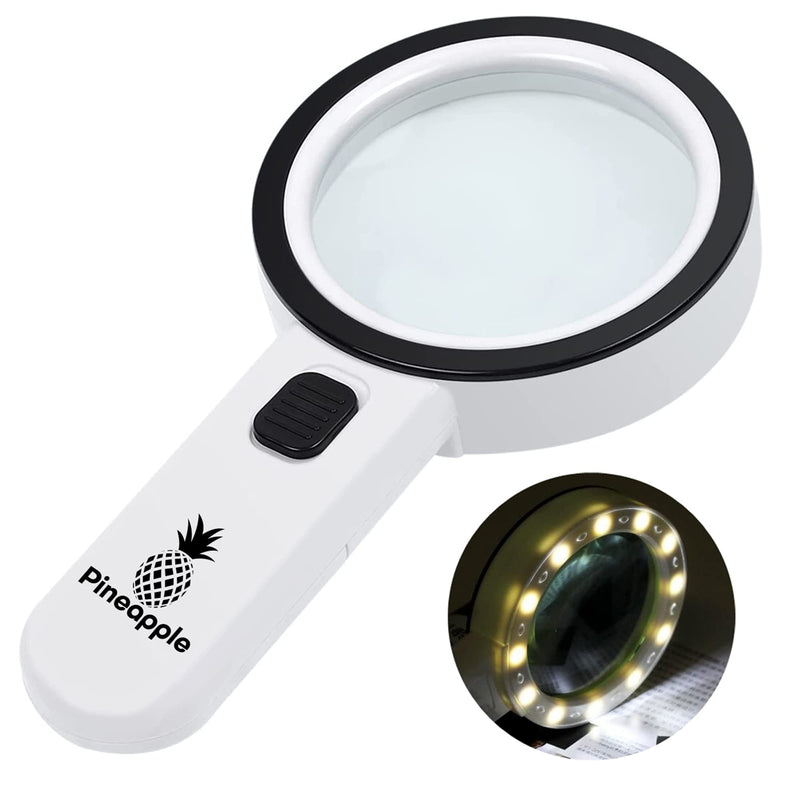 Pineapple LLC Magnifying Glass with Light, 30X Handheld Large Magnifying Glass, Lighted Magnifier with 12 LED Lights for Reading, Macular Degeneration, Seniors, Gifts for Elderly, White
