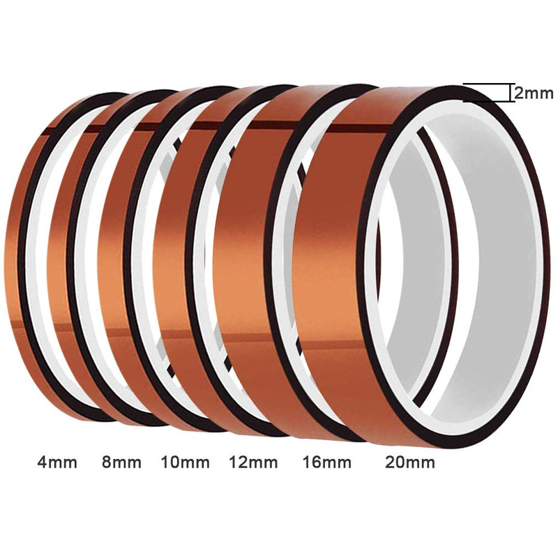 6 Pack High Temp Tapes - Viaky Polyimide Film Adhesive Tape Multi-Sized 0.16''/0.24''/0.32''/0.39''/0.47''/0.79'', Work for Masking, Soldering, Powder Coating, Printing PCB Board and Packing Fixing