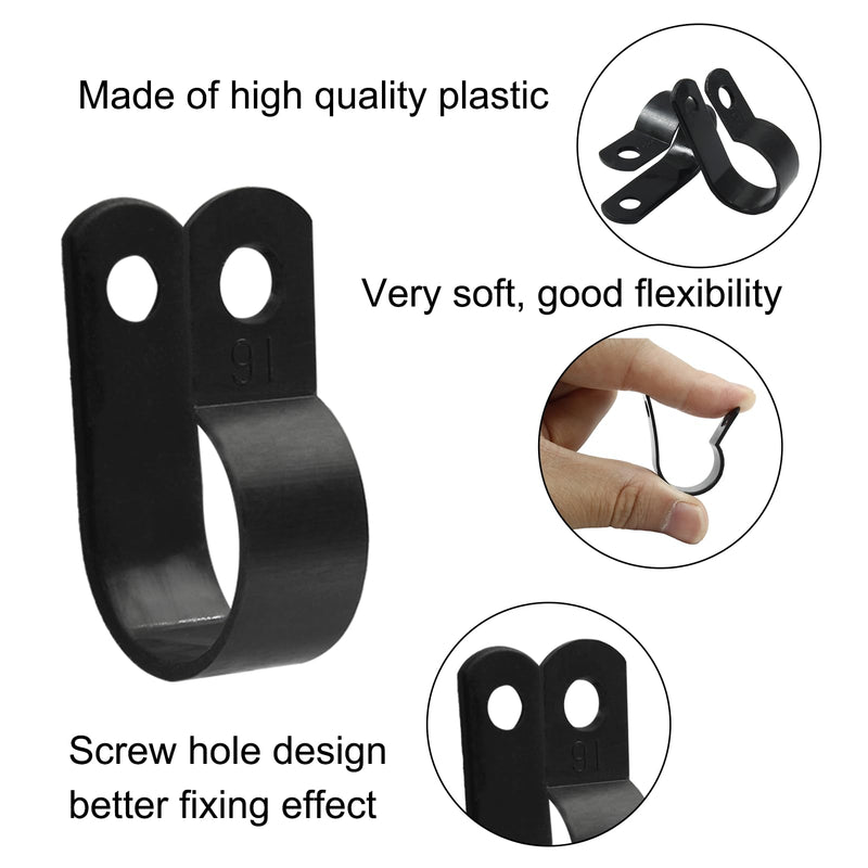 Unlorspy 100 Pcs Black R-Type Cable Clip 5/8 Inch Nylon Plastic R Type Wire Clamp for Wire Management (16mm, 5/8 Inch) 16mm, 5/8 Inch