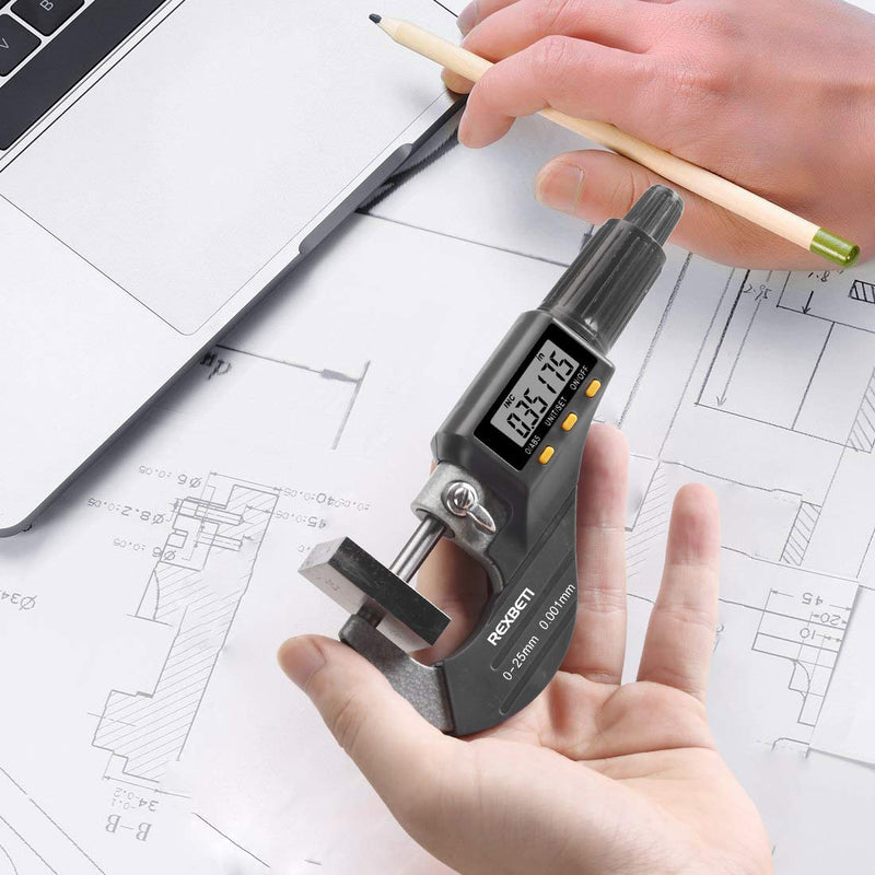 Digital Micrometer, Professional Inch/Metric Thickness Measuring Tools 0.00005"/0.001 mm Resolution Thickness Gauge, Protective Case with Extra Battery