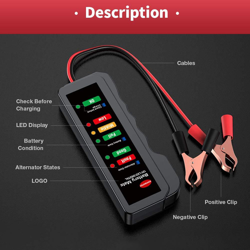 KINGBOLEN 12V car Battery Tester, Alternator Tester Automotive ,Battery Checker, Analyzer to Check alternator & Battery Charging System ,LED Indication BLACK BM310