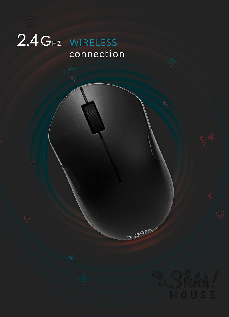 ShhhMouse Wireless Silent Noiseless Clickless Mobile Optical Mouse with USB Receiver and Battery Included, Portable and Compact, for Notebook, PC, Laptop, Computer, MacBook (Black) Black