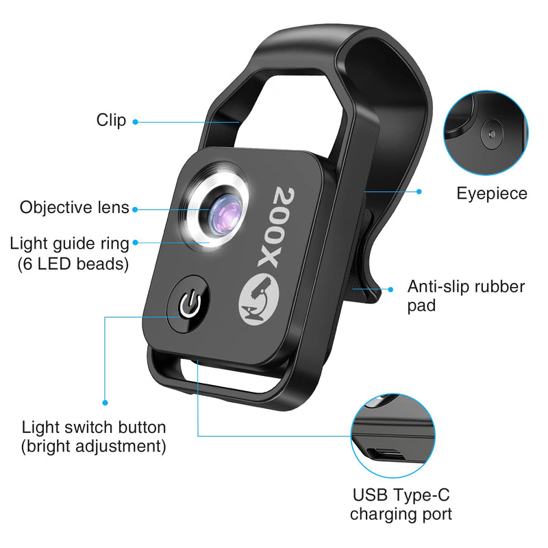 Mobile phone microscope, CAMOLO 200X USB microscopes HD digital microscope with 6 LEDs for children, teenagers, students, adults