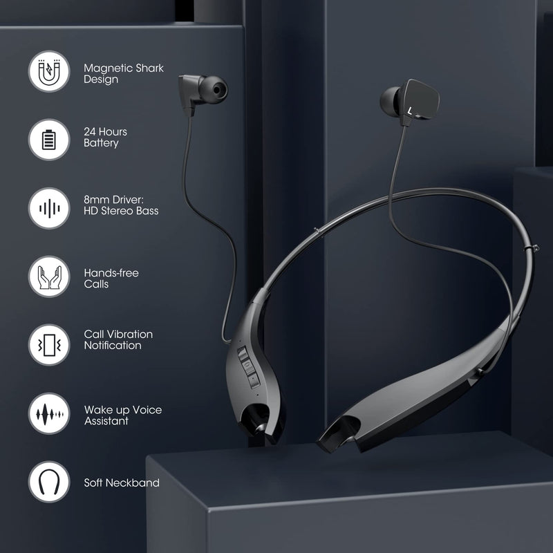Bluetooth Neckband Headphones Around The Neck Bluetooth Headset with 24H of Playback Noise Cancelling Microphones for Clear Calls, Work, Music, Conference, Compatible with Cellphones, PC, Tablet, TV