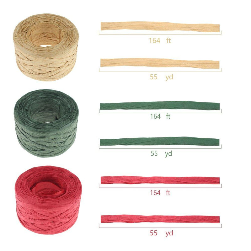 CREATRILL 3 Rolls Red Green Kraft 1/4" by 492 Feet Raffia Ribbon/String, 164Feet Each Roll, Packing Paper Twine for Christmas