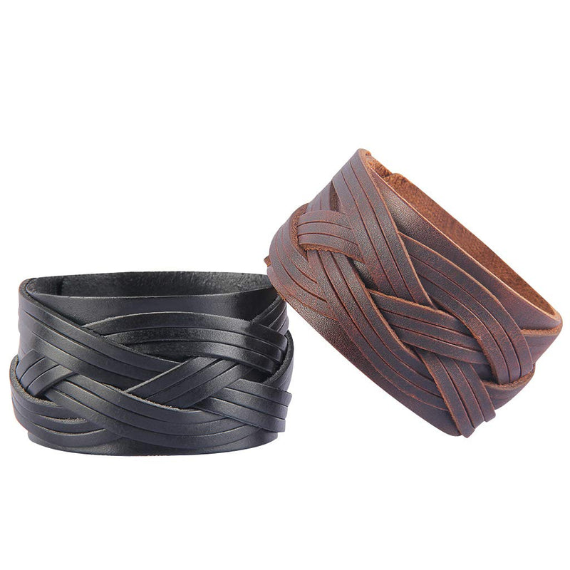 GelConnie Leather Cuff Bracelet Punk Faux Leather Bracelet Brown Mens Leather Bracelet Braided Wrap Bracelet Viking Bangle Handmade Woven Wristband for Women, Men Style LPB302-Brown