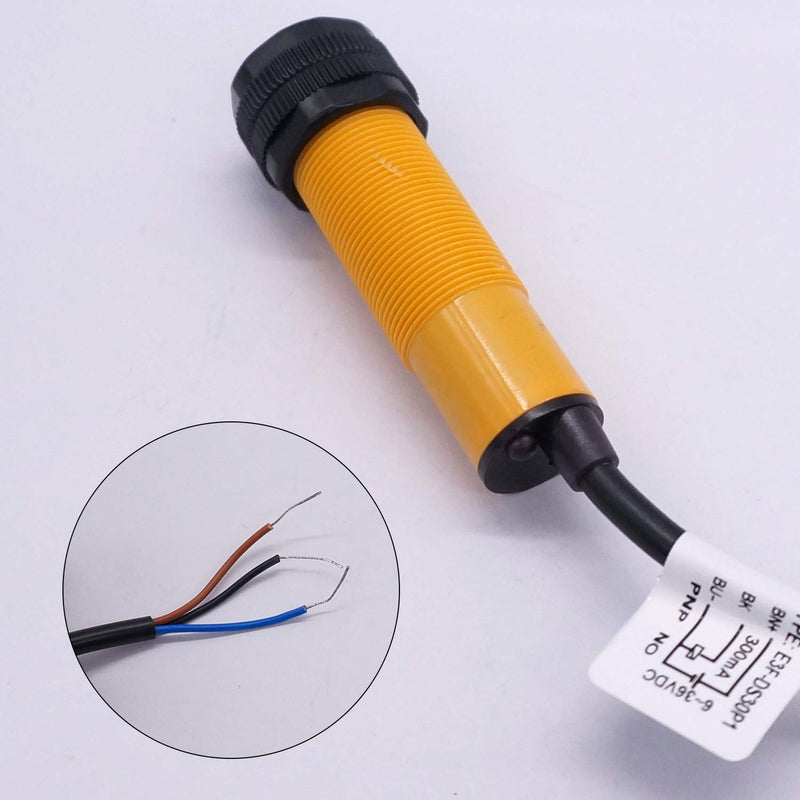 Taiss photoelectric Sensor 30cm Adjustable M18 Diffuse Reflection photoelectric Switch Sensor Optical Three Lines PNP NO（Normally Open）Proximity Switch 6-36VDC E3F-DS30P1