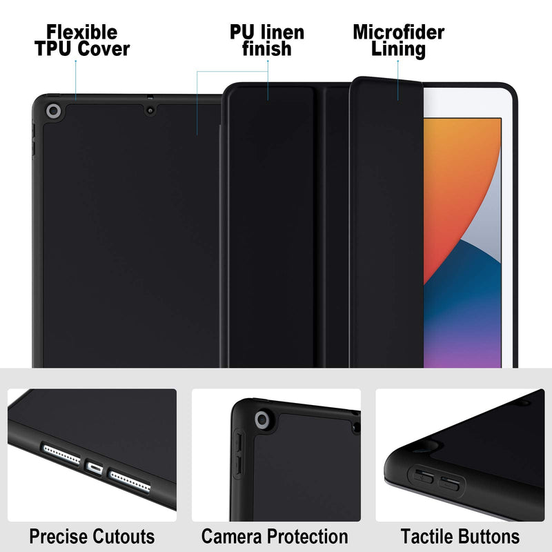 Akkerds Case Compatible with iPad 10.2 Inch 2021/2020 iPad 9th/8th Generation & 2019 iPad 7th Generation with Pencil Holder, Protective Case with Soft TPU Back, Auto Sleep/Wake Cover, Black