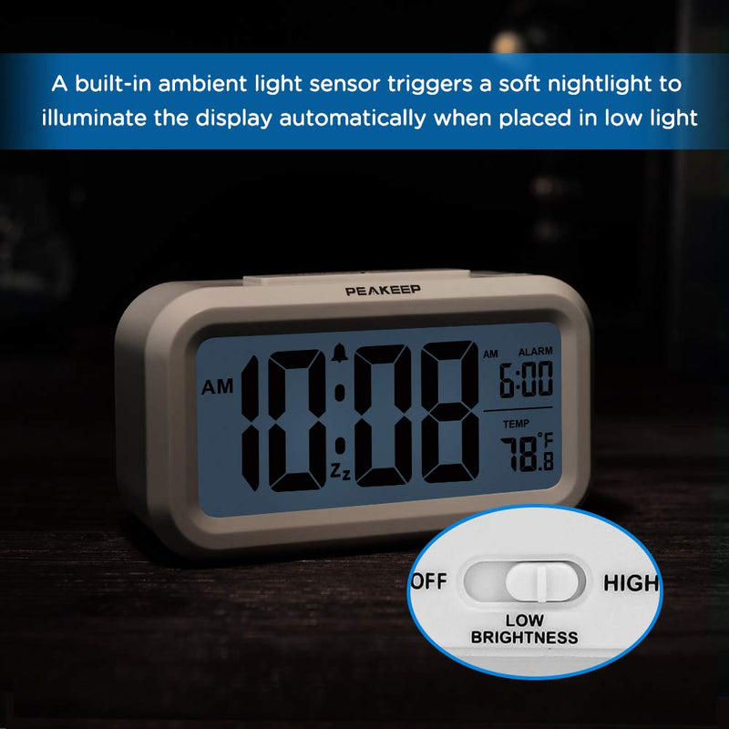Peakeep Smart Night Light Digital Alarm Clock with Indoor Temperature, Battery Operated Desk Small Clock (White) White