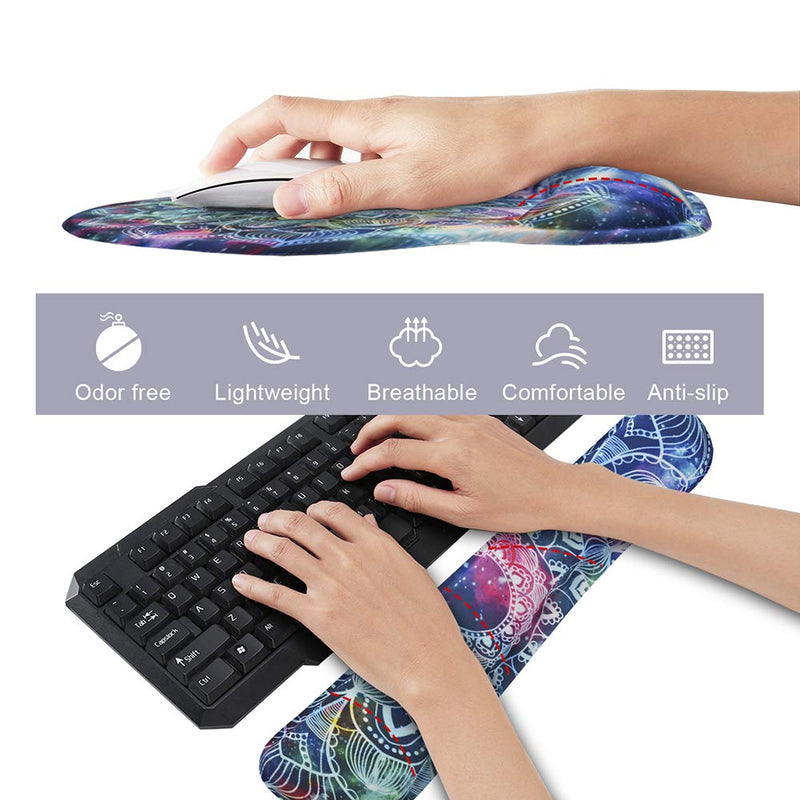 iVeze Keyboard Wrist Rest Pad and Mouse pad with Wrist Rest Support Set, Non Slip Rubber Base Wrist Support Mousepad with Ergonomic Comfy Gel Memory Foam for Home Office Efficient Working（Mandala Art) Mandala Arts