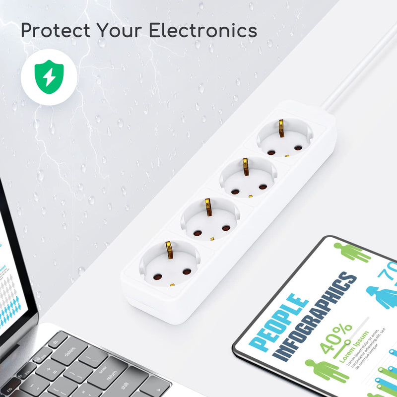 Aigostar power strip 4-way table socket child safety lock 1'5m cable, white